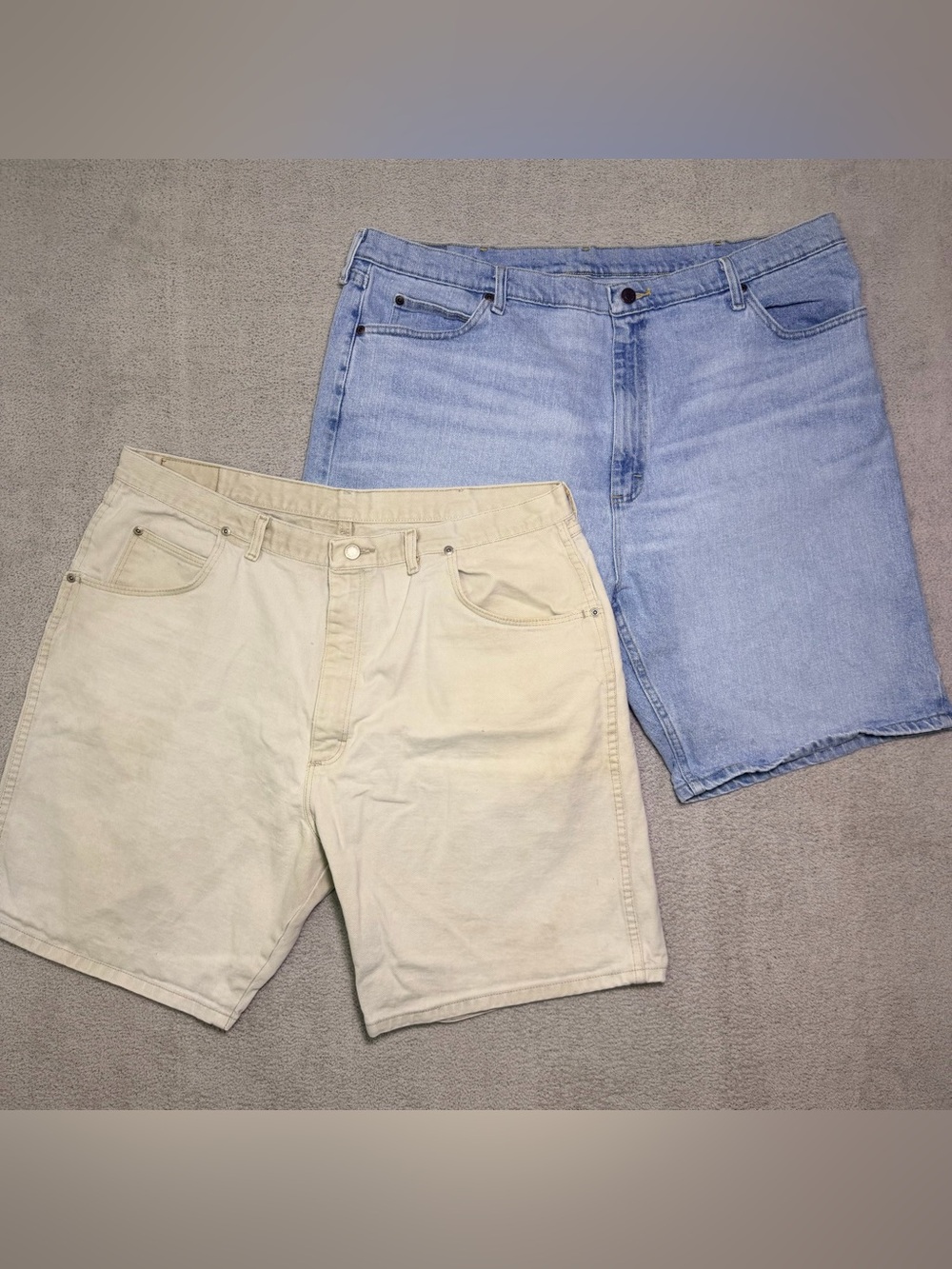 Lot Of 2 Wrangler Shorts Mens 42” Waist Light Wash Denim & Khaki Tan Regular Fit